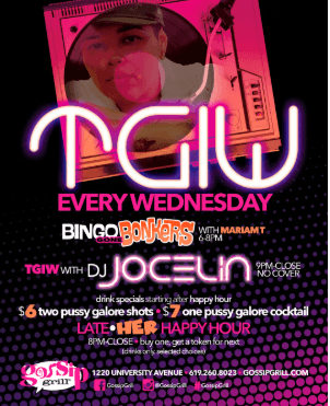 10.07 -Bingo Gone Bonkers with Mariam T from 6-8pm TGIW with DJ Jocerlyn 9pm to Close – NO COVER! $6 two pussy galore sh